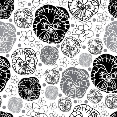 Hercai menekşe ve Plumeria-çiçek çiçek Dikişsiz desen arka plan siyah ve beyaz yineleyin