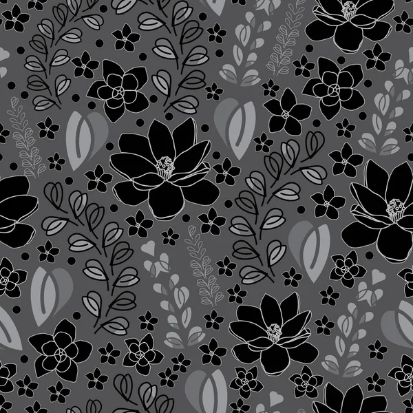 Lavanta Plumeria ve manolya-çiçek çiçek Dikişsiz desen siyah gri ve beyaz arka plan tekrarlayın. Modern desen arka plan. Kumaş, karalama defteri, duvar kağıdı için desen tasarım, mükemmel yüzey.