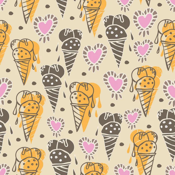 Ice Cream-Sweet Dreams sem costura repetição padrão ilustration.Background em amarelo, rosa, creme e marrom — Vetor de Stock