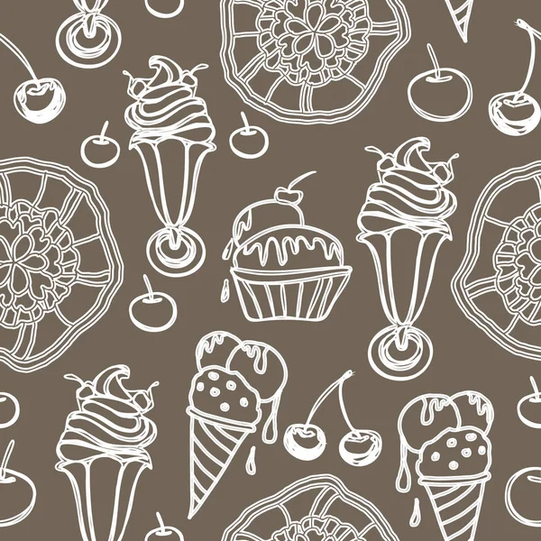 Ice Cream Lace-Sweet Dreams ilustración de patrón de repetición sin costuras. Fondo divertido en marrón y blanco — Vector de stock