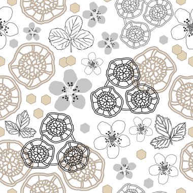 Lace Çiçek Tarlası Çiçekleri Çiçeği, Kusursuz Tekrarlama Şablonu. Hassas dantel şekiller ve Dewberry Çiçeği ve Desen Arkaplan 'ı bırakıyor. Tek Renkli Yüzey Tekrarı Browen, krem, siyah ve beyaz desenli. Kumaş ve Hurda için mükemmel.,