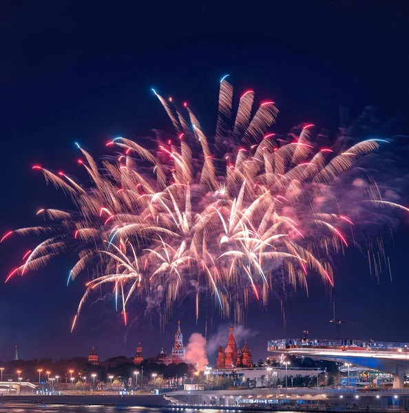 Salute Kremlin Fireworks Festival Spassky Tower Russia Moscow August 2018 — Stock Photo, Image