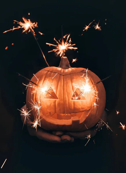 Abóbora Halloween Decoração Luzes Bengala Abóbora Esculpida Para Dia Das — Fotografia de Stock
