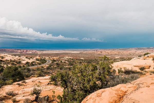 Vista Panorâmica Deserto Seco Com Arbustos Verdes Sob Céu Nublado — Fotografia de Stock