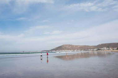 tanınmayan insanlar mavi gökyüzü ile kumlu plajda yürüyüş fotoğrafı