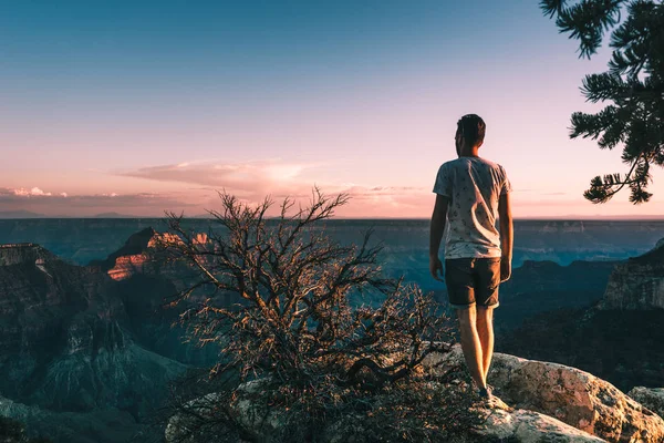 Молодой Человек Великолепным Видом Гранд Каньон Аризона Сша — стоковое фото