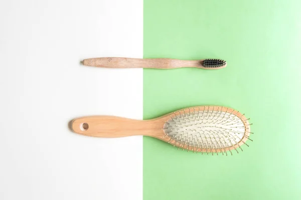 Ecological Way Living Bamboo Toothbrush Wooden Comb Top View Flat — Stock Photo, Image