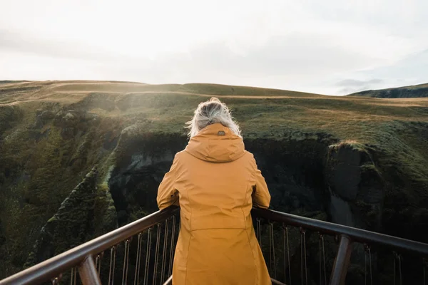 Rear View Woman Watching Nordic Landscape Iceland — Stock Photo, Image