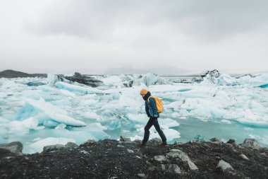 Deniz kıyısında duran genç kız İzlanda Nordic manzara bakarak buz kütleleri kaplı