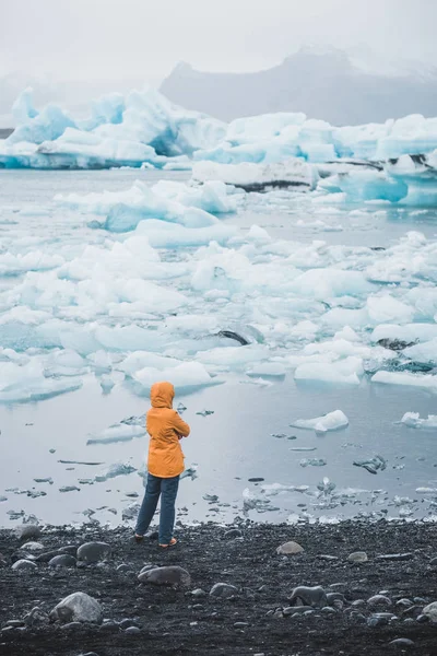 アイスランドの北欧の風景を見る氷の流氷に覆われた海辺に立っている若い女の子 — ストック写真