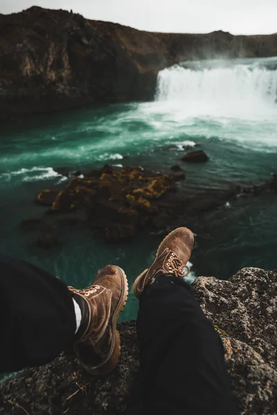 Hiker Boots Rocks Cliff Waterfall Beautiful Landscape Iceland Europe — Stock Photo, Image