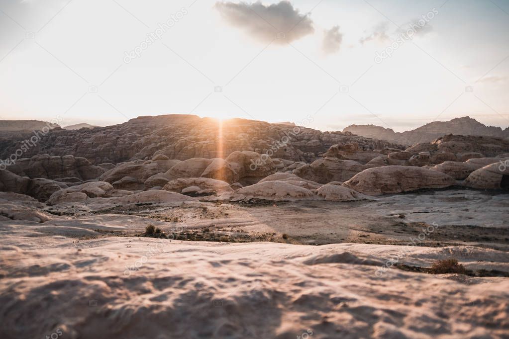 Rocks in backlit in ancient desert of Jordan, Asia