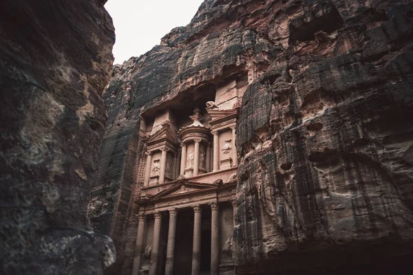 Temple carved in rocks in desert of Jordan, Asia