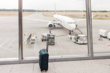 Empty Ryanair flight with no crew and no passengers because of a strike or protests of pilots in Germany (Berlin) clipart