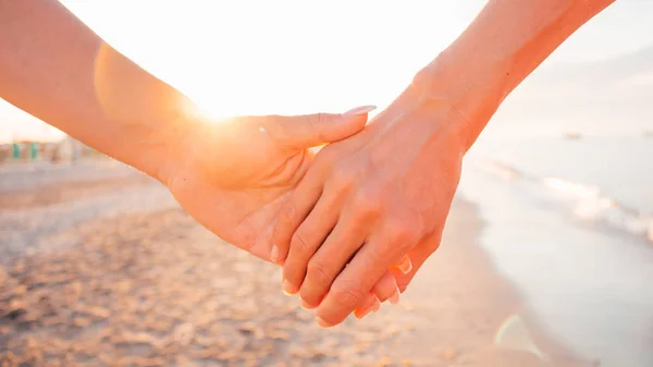 Close Two Female Holding Hands Sunset Two Girls Walking Beach — Stock Photo, Image