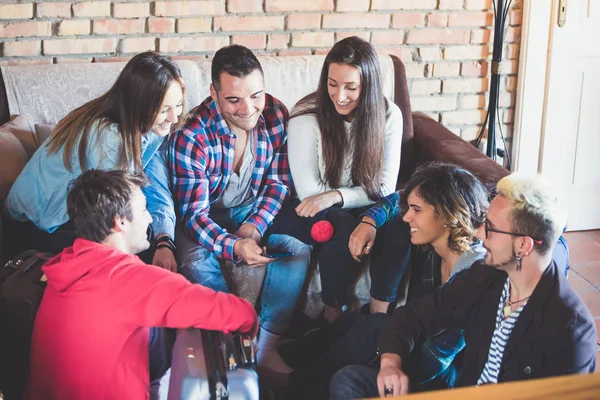 Group Six Friends Looking Smartphone One Them Millennials Vacation Having — Stock Photo, Image