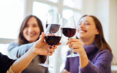 Kutluyor ve birlikte eğlenmek kırmızı şarap içme kız (kadınlar) bardakları tokuşturup odak grup