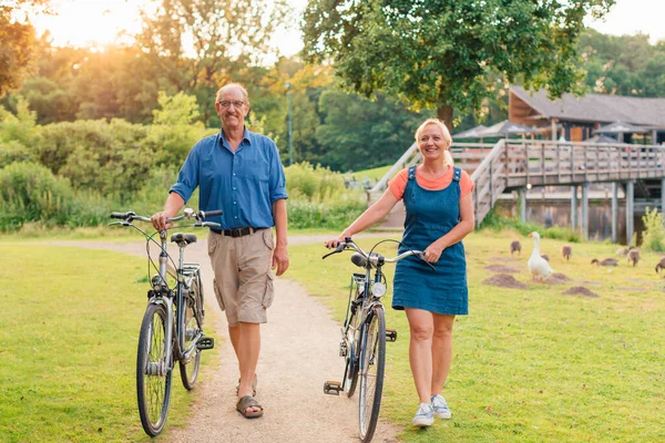 Picture Senior Couple Walking Bicycles Park Sunset Concept Active Old — Stock Photo, Image