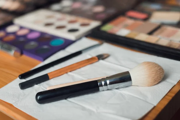 makeup artist's brushes and shadows are laid out on the table