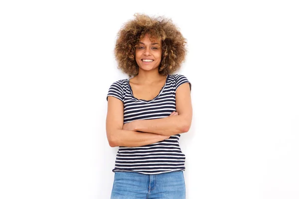 Retrato Frontal Una Mujer Afroamericana Sonriente Contra Backgorund Blanco Aislado — Foto de Stock