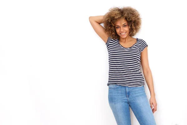 Portrait Attractive Young African Woman Smiling Striped Shirt White Background — Stock Photo, Image