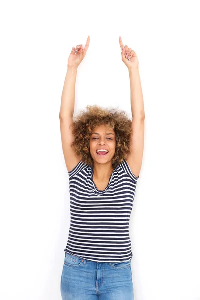 Retrato Chica Feliz Señalando Los Dedos Sobre Fondo Blanco — Foto de Stock