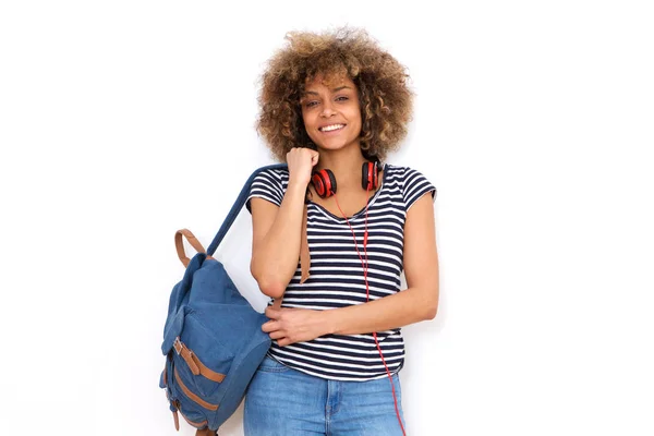 Retrato Una Joven Afroamericana Sonriente Con Bolsa Sobre Fondo Blanco —  Fotos de Stock