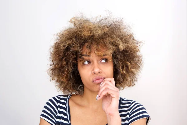 Close Portrait Young African Woman Thinking Hand Chin Looking Away — Stock Photo, Image