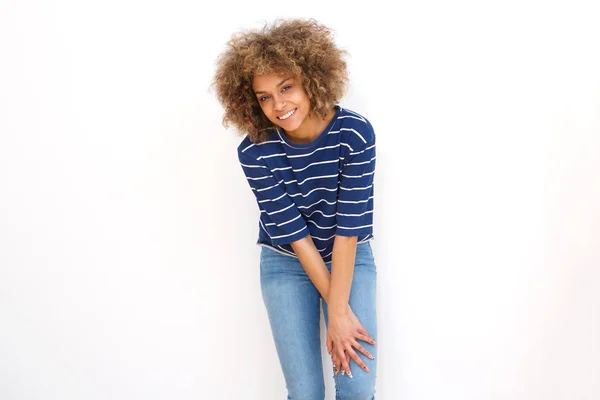 Retrato Joven Mujer Afroamericana Feliz Sobre Fondo Blanco — Foto de Stock