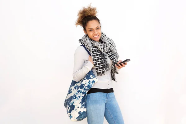 Портрет Усміхненої Молодої Жінки Мобільним Телефоном Сумкою — стокове фото