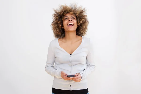 Portrait Young Woman Holding Cellphone Laughing — Stock Photo, Image