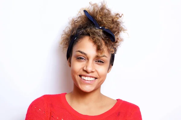 Close Portrait Beautiful Young Black Woman Hair Bandana Smiling White — Stock Photo, Image