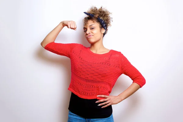 Portrait Cool Young Black Woman Flexing Bicep Muscle — Stock Photo, Image