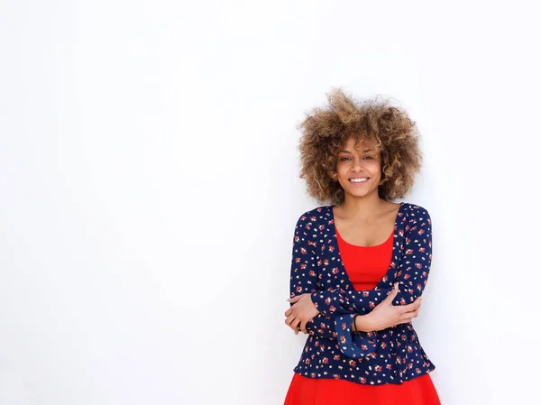 Retrato Hermosa Chica Afroamericana Con Pelo Rizado Pie Sobre Fondo —  Fotos de Stock