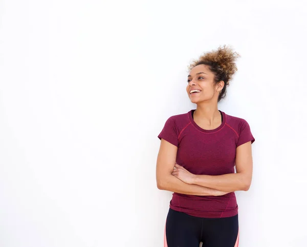 Retrato Una Joven Deportista Sonriente Pie Sobre Fondo Blanco — Foto de Stock