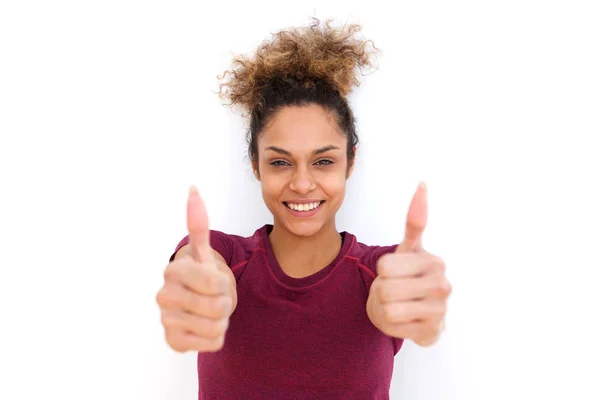 Portret Szczęśliwy Młoda Kobieta Uśmiechając Się Kciuki Górę Znak — Zdjęcie stockowe