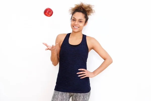 Portrait Jeune Femme Sportive Africaine Américaine Bonne Santé Avec Pomme — Photo