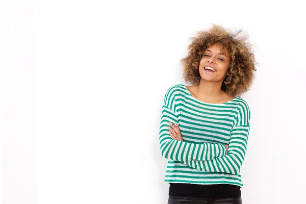 Retrato Jovem Mulher Negra Confiante Sorrindo Contra Fundo Branco — Fotografia de Stock