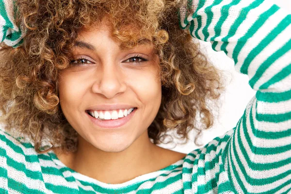 Retrato Cerca Cara Joven Mujer Afroamericana Feliz Sonriendo —  Fotos de Stock