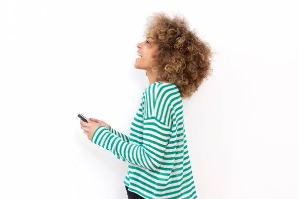 Kant Portret Van Een Jonge Vrouw Met Behulp Van Mobiele — Stockfoto