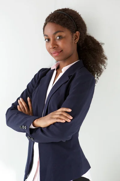 Portrait Young African American Businesswoman Posing White Background Her Arms — Stock Photo, Image