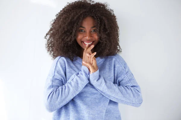 Retrato Cerca Una Hermosa Joven Africana Sonriendo Con Mano Cara —  Fotos de Stock