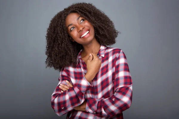 Close Portrait Attractive Black Girl Checkered Shirt Looking Away Smiling — Stock Photo, Image