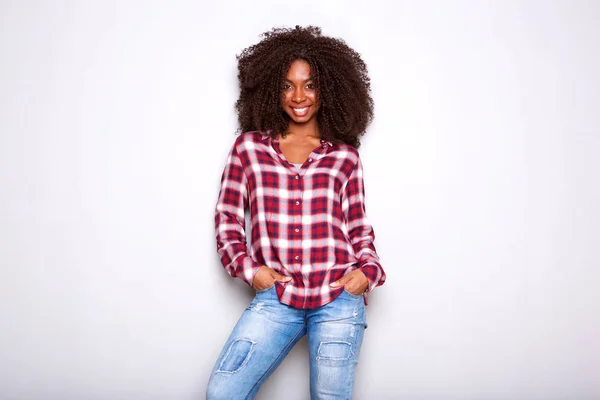 Retrato Jovem Mulher Americana Africana Moda Posando Fundo Branco — Fotografia de Stock