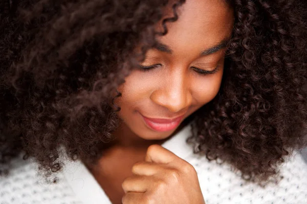Close Portrait Young African Woman Sweater Eyes Closed — Stock Photo, Image