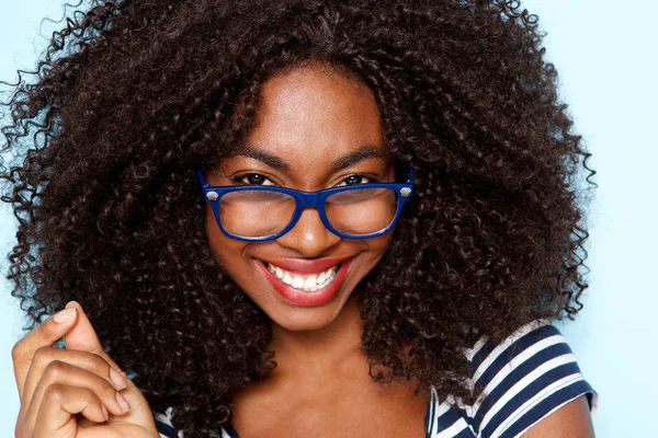 Close Portrait Young African American Woman Curly Hair Wearing Glasses — Stock Photo, Image