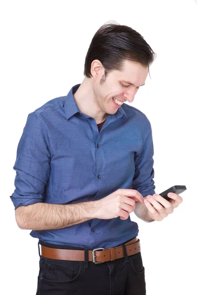 Retrato Lateral Jovem Empreendedor Feliz Segurando Telefone Celular — Fotografia de Stock