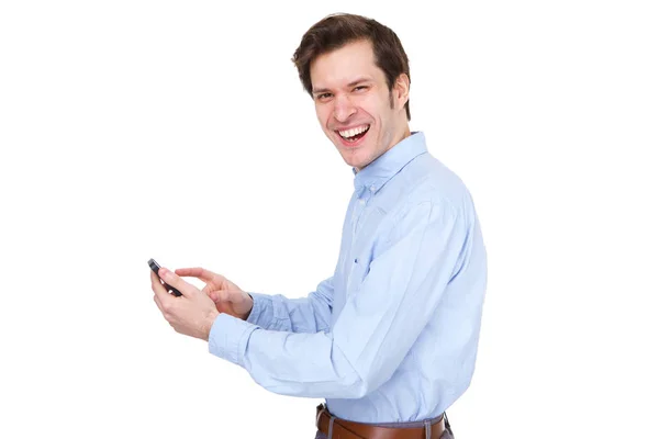Close Portrait Laughing Business Casual Man Standing Holding Mobile Phone — Stock Photo, Image