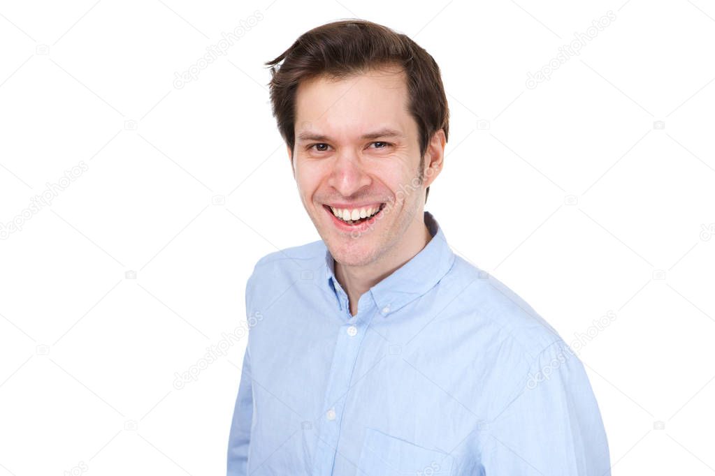 Close up portrait of positive business casual man smiling on white background