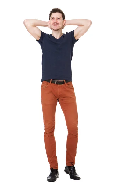 Full Body Portrait Happy Young Man Hands Head White Background — Stock Photo, Image